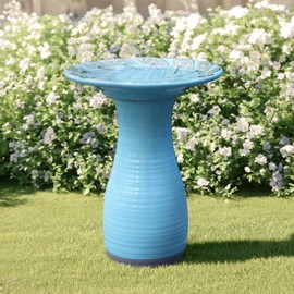 LuxenHome 20 Inch Ceramic Bird Bath for Outside, Elegant Concrete Tall Outdoor Bird Bath, Lightweight Pedestal Glazed Birdbaths for Outdoors with Leaf Pattern, Sky Blue