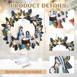 Suncalla Holy Family Christmas Wreath with Light LED Wooden Holy Family Nativity Scene Hanging Decoration for Christmas Tree Ornaments Xmas Indoor Outdoor Wall Decoration Hanging Sign for Front Door