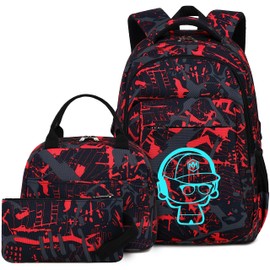 LEDAOU Backpack for Teen Boys School Bags Kids Bookbags Set School Backpack with Lunch Box and Pencil Case (Graffiti Red)