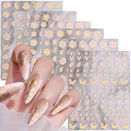 Vezocim Flower Nail Art Stickers Decals, Gold Flower Nail Self-Adhesive Sticker Designs, 3D Spring Floral Leaf Nail Transfer Decal Acrylic Supplies for Women Girls Manicure Summer Charm Decorations