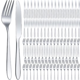Nuenen 100 Pieces Stainless Steel forks and knives Dinner Flatware Set Tableware Cutlery for Butter Kitchen Restaurant, Dishwasher Safe(Silver,8.4 Inches, 7.1 Inches)