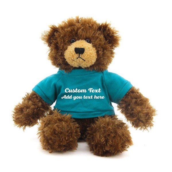 Plushland Chocolate Brandon Teddy Bear 12 Inch, Stuffed Animal Personalized Gift - Custom Text on - Great Present for Mothers Day, Valentine Day, Graduation Day, Birthday (Teal Shirt)