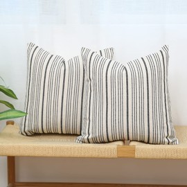 Kiuree Black and Beige Farmhouse Throw Pillow Covers 18 x 18, Modern Accent Square Decorative Pillow Case, Set of 2 Stripes Textured Linen Throw Pillow Case for Sofa Couch Chair Bedroom(Black)