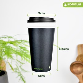 BIOFUTURE Biodegradable Coffee Cups – 50 x 6oz – 16oz (170ml – 450ml) Disposable Paper Cups with Lids – Eco-Friendly and 100% Compostable – Ideal for Tea, Coffee, and Hot Drinks (Black, 16oz)