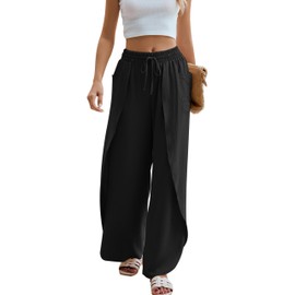 BMJL Womens Wide Leg Summer Pants Flowy Side Split Palazzo Beach Pants Boho High Waisted Trousers(2XL,Black)