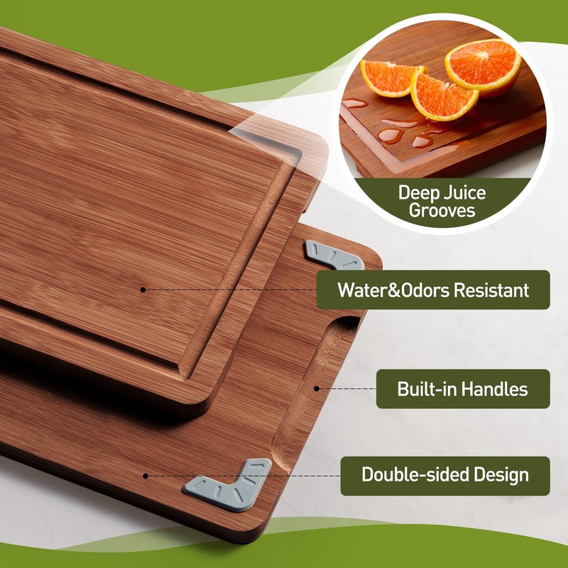 3 Packs Bamboo Cutting Board Set with Non Slip Feet