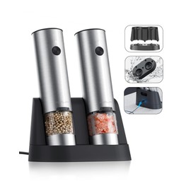 FORLIM Electric Salt and Pepper Grinder Set, USB Rechargeable Automatic Salt and Pepper Grinder Set with Upgraded Base, One Handed Operation Refillable Mill with Light, Adjustable Coarseness - 2 Mills