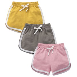 YOUNGSOUL Pack of 3 Girls' Summer Cotton Shorts Children's Sports Shorts, Yellow/Grey/Pink
