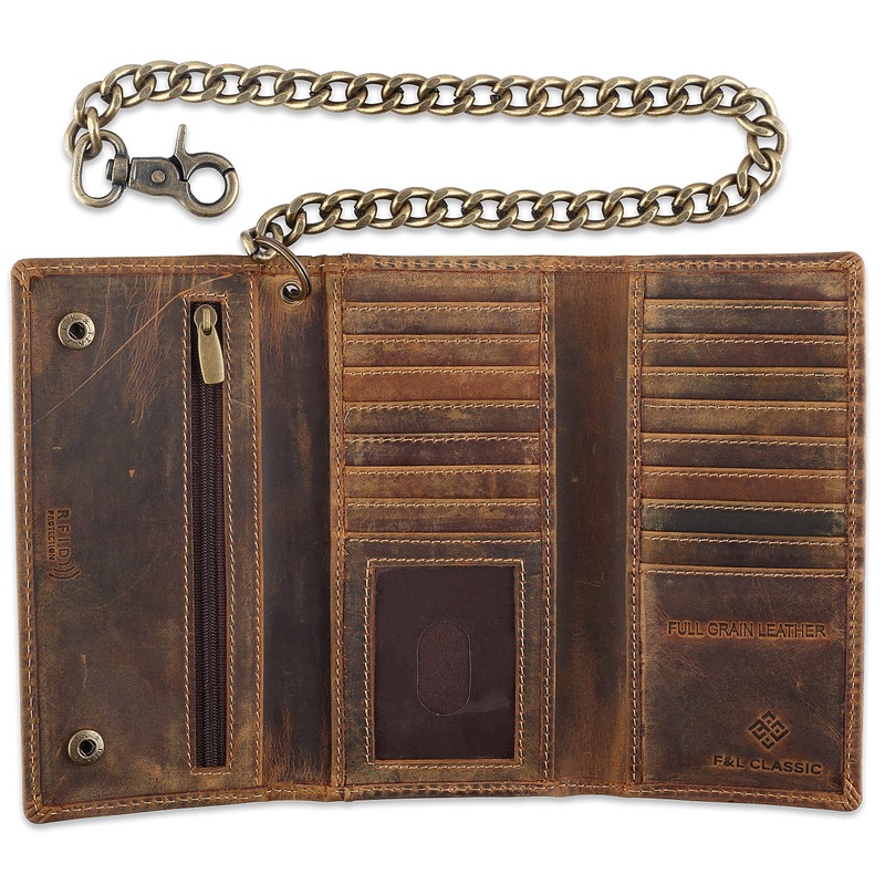 F&L CLASSIC RFID Blocking Mens Tri-fold Long Style Cowhide Leather