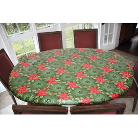 Covers For The Home Deluxe Elastic Edged Flannel Backed Vinyl Fitted Table Cover - Holly Pattern - Round Oblong Oval - Fits Tables up to 48" W x 68" L