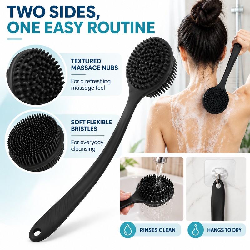 Silicone Back Scrubber Brush for Shower – Long Handle Double-Sided