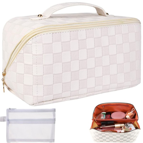 Travel Cosmetic Bag, Large Capacity Cosmetic Bag, Women's Portable Travel Cosmetic Bag, Waterproof Organiser with Handle and Zip, for Women's Cosmetics, Toiletries, White