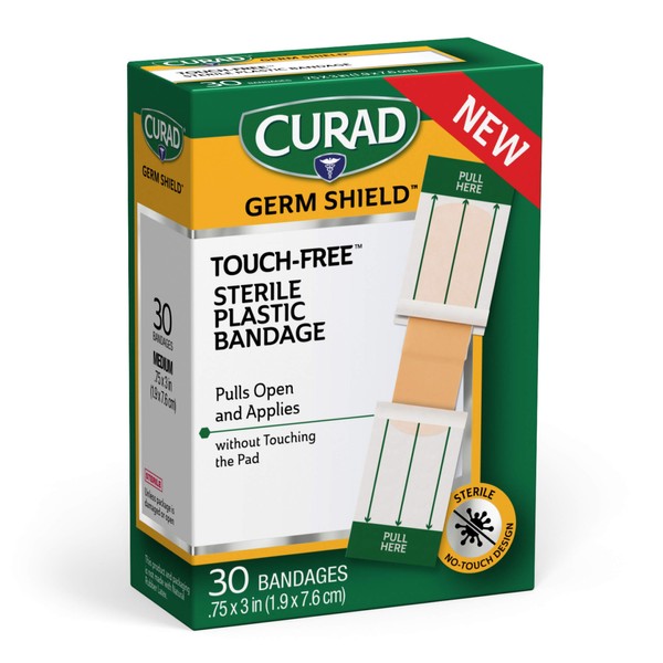 Curad Germ Shield Touch-Free Adhesive Bandage, Plastic Bandage with Easy Application Wrapper.75" x 3", 30 Count