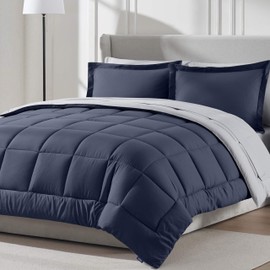 Nestl California King Comforter Set 7 Piece - Reversible Cal King Comforter Set Navy, California King Bed in a Bag, All Season Bed Set with Flat Sheet and Fitted Sheet, Pillowcases and Shams