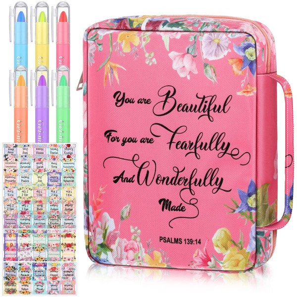 Bible Cover Floral Carrying Book Case with Handle and Zippered Back Pocket 10 x 7.5 x 2.5 Inch Church Bag with Bookmarks and Pens for Standard Size Bible Gift for Women Girl Kids (Delicate Style)