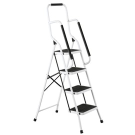 Folding Anti-Slip Safety Step Ladder with Handrail Grips for Home or Office, Four Steps, 62.5 inches Tall, White, White