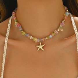 Starfish Necklace for Women Colorful Beaded Pendant Beach Jewelry Summer Charm Choker for Travel Trendy Gifts