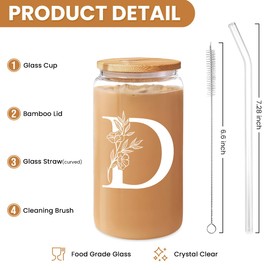 SANDJEST Monogrammed Gifts for Women - Monogram D Initial Glass Cup 16 Oz Can Coffee Cups with Lid and Straw - Monogram Initials Gifts for Womens on Birthday