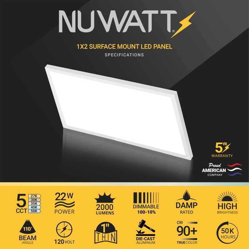 NUWATT 1x2 FT LED Flat Panel, 5CCT 2700K/3000K/3500K/4000K/5000K Selectable, 2000LM,