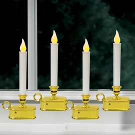 4 Pcs Christmas Electric Window Candles,10 Inch LED Taper Candles Battery Operated Window Candle with Sensor Dusk to Dawn,Christmas Candles for Windows Wedding Bedroom,Gold Base