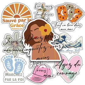 French Bible Stickers: Jesus Christian Quote Decals, Catholic Religious Bible Verse Gift for Water Bottles, Laptops, Phone Cases, and Scrapbooks