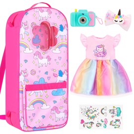 18INDC Unicorn Storage Doll Bag Playset for 18 Inch Dolls - 5PCS Bundle with Rainbow Dress, Hair Clip, Camera, Stickers & Fashion 18 Inch Doll Carrier Bag | Perfect for 18" Doll Accessories