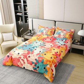 Loussiesd Children's Cute Axolotl 100% Cotton Bed Linen Set 135 x 200 cm Colourful Cartoon Salamander Duvet Cover Set for Boys Girls Kawaii Axolotl Bed Set Ocean Axolotl Bedding Set