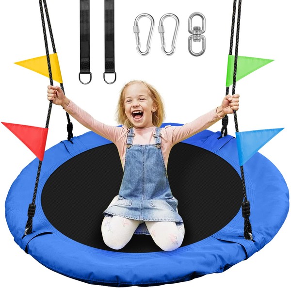 Odoland 40 inch Kids Saucer Tree Swing, Large Outdoor Chidren Round Rope Swing Installed on Tree and Backyard, 900D Waterproof Oxford Flying Saucer Platform Swing Great for 3 Kids or 1 Adult Blue