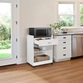 Kings Brand Furniture Dellow Microwave Cart with Storage Shelves and Drawer - 2 Shelf Veneers & Wood Kitchen Cart with Storage - Lockable & Unlockable Microwave Wooden Cart with Wheels - White