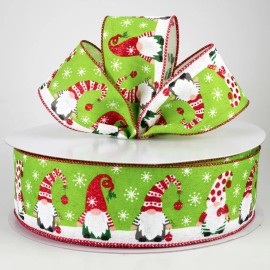 Expressions 5 Yds X 2.5" W Lime Canvas w/ Christmas Gnomes ~ Glittered & Wired rb