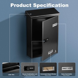 KINGCEPHAS Outside Wall-Mounted Mailbox with Combination Lock, Suggestion Box, Square & Upright Capacity, Waterproof Postbox, High Rust Resistance Letterbox, Metal Code Lock (Black)
