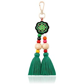 QTMY Pom Pom Shell Beads Tassel Bag Charm Pendant Boho Keyring Keychain for Women Purse Handbag Decor (Green1)