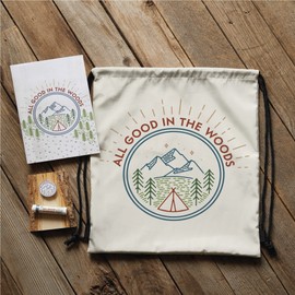 All Good in the Woods Camping Set - Set of 4 - 13"x16" Drawstring Camping Backpack - 5"x5" Paperback Adventure Journal - Rustic Woodland Style - SPF 15 Sunscreen Lip Balm - 2"x2" Decorative Enamel Pin