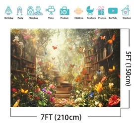 AIIKES 7x5FT Spring Backdrop Enchanted Forest Fairy Tale Backdrop for Photography Bookshelf Butterfly Flowers Birthday Party Decor Background XY146