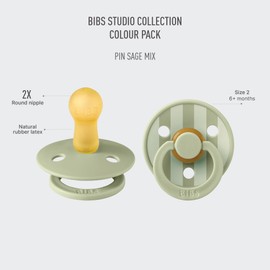 BIBS Pacifiers - Colour Studio 2 Pack | Round Nipple Baby Pacifier | BPA Free Natural Rubber Latex Soother | Made in Denmark | Size 6+ Months | Pin Sage