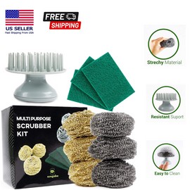 Sungabe 6 Pcs Stainless Steel Scrubber Sponges w/3 Nylon Scouring Pads&1 Plastic Handle