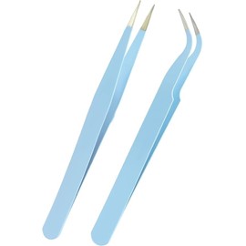Professional Tweezer for Facial Hair Women & Men Stainless Steel Precision Lash Tweezers, Pack of 2 Stainless Steel Tweezers for Eyelash Extensions | Straight and Curved Tip Eyelash Tweezers (Blue)