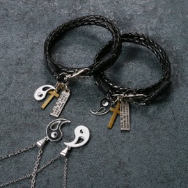 Aroncent Couple Leather Bracelet For Men and Women Yin Yang Black 2PCS and 2 Pendant Necklaces for Valentine's Day