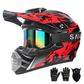 Youth Kids Motocross Helmet, Adult ATV Dirt Bike Helmet, Off-Road BMX 4-Wheeler Full Face Motorcycle Helmet W/Goggles Gloves & Mask, DOT Approved, Red Camo, M