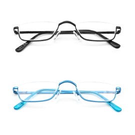 COVESATO Half Reading Glasses, Half Lens Frame Metal Readers for Women Men （Black+Blue,2.00）