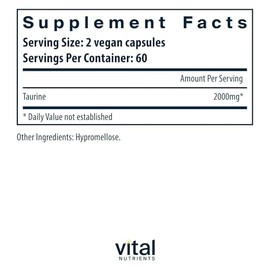 Vital Nutrients – Taurina 1000 mg – Apoya la función saludable del corazón – 120 cápsulas vegetarianas por botella