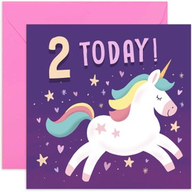 Old English Co. Happy 2nd Birthday Card for Young Girl - Purple Unicorn Stars Hearts Second Birthday Card - Age Two Card - For Daughter, Granddaughter, Niece, Sister, Goddaughter