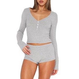 ForeFair Women 2 Piece Ribbed Knit Pajama Set Button Long Sleeve Tops and Shorts Lounge Sweatsuits Y2k Sleepwear PJ Set（Grey,S）