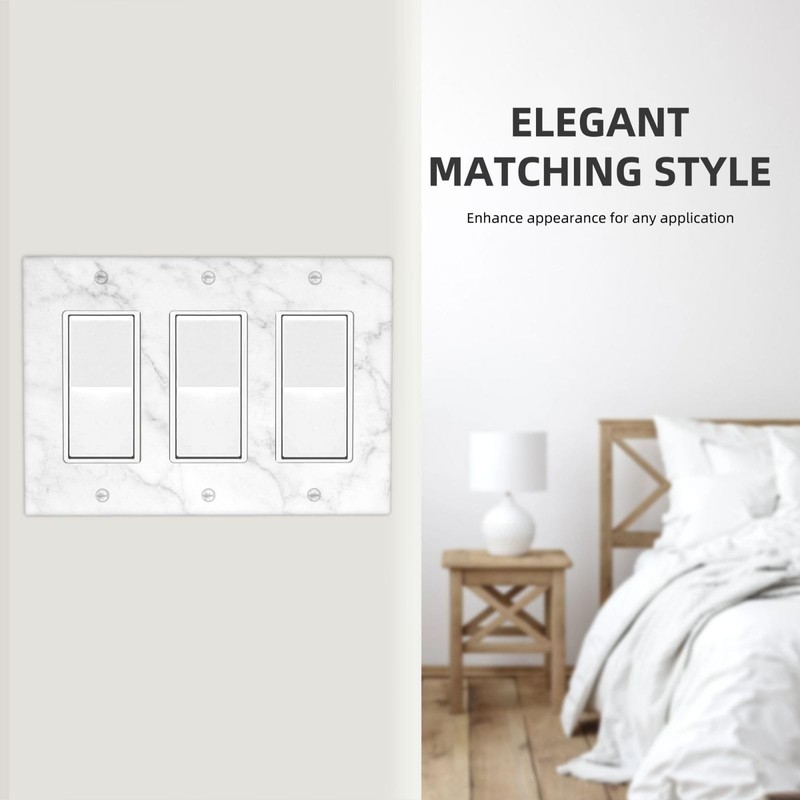 White Marble Triple Gang Rocker Decorative Light Switch Cover, 3-Gang