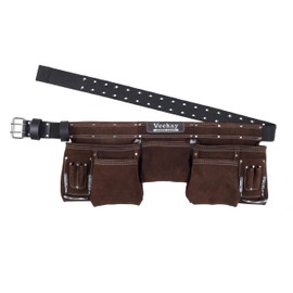 VEEKAY Brown Leather Tool Belt 11 Pocket Suede with 2-Inch Wide Nylon Belt & Pouch, Fits 32" to 50" Waist – Durable for Construction, Carpenters, and Framers