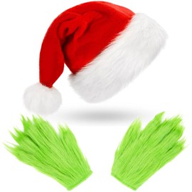 TIZHJOZI Christmas Hat, Santa Hat and Furry Gloves, Soft Plush Santa Costume for Adult, Christmas Party Headwear Accessories