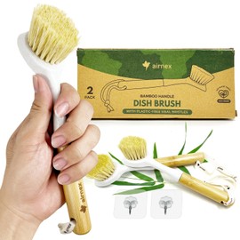 AIRNEX Bamboo Dish Brush Set of 2 - Dishwasher Brush w/Handle Made of Wheat Straw & Sisal Bristles - Non Scratch Kitchen Scrub Brush for Dishes, Pots 
