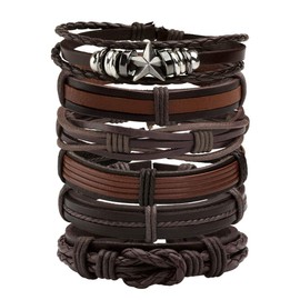 Manfnee 6Pcs Leather Braided Bracelet Punk Cuff Wrap Wristband Bracelets for Men Women Adjustable