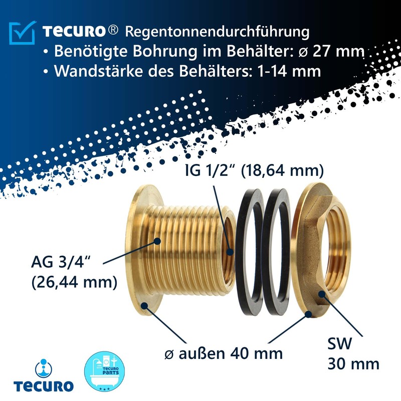 tecuro Water Butt Feed-Through Brass 1/2 Inch Internal Thread 3/4