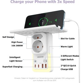 HEEKIM LED Night Light with Stand and Socket, Night Light with 2 USB-A and 2 USB-C and 2-Way Socket Adapter, Adjustable Automatic Light Sensor